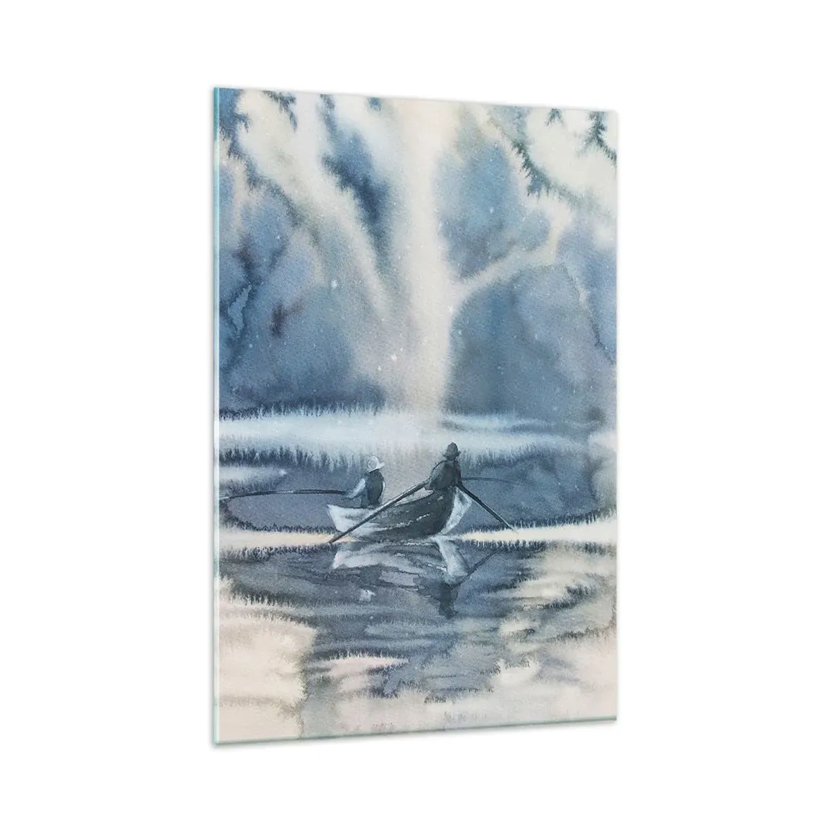Quadro su vetro - Paesaggio ad acquerello con barche su un lago circondato da una foresta nebbiosa - 80x120cm - I pescatori nel loro paradiso - Decorazione murale moderna per soggiorno e camera da letto ARTTOR