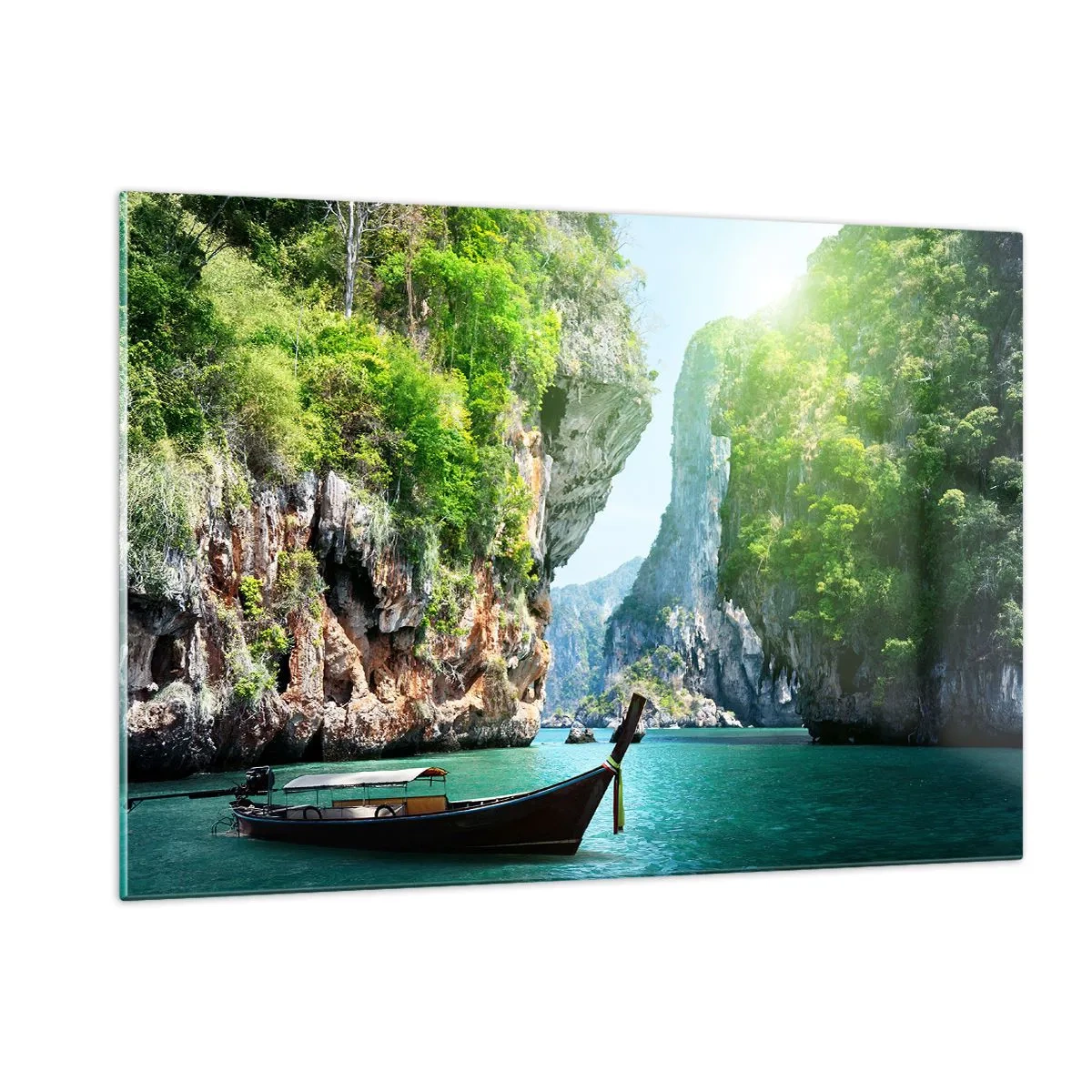 Quadro su vetro - Una barca tradizionale sull'acqua turchese tra le scogliere - 120x80cm - Invito a un viaggio esotico - Decorazione murale moderna per soggiorno e camera da letto ARTTOR