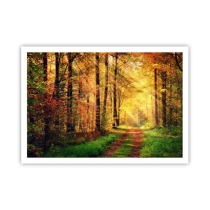 Poster - Un sentiero nel bosco circondato da alberi dorati e verdi - 100x70cm - Il silenzio d'oro del bosco - Decorazione murale moderna per soggiorno e camera da letto ARTTOR