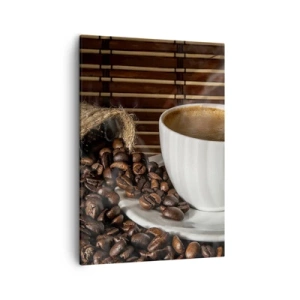 Quadro su tela - Stampe su Tela - Una tazza di caffè con chicchi su uno sfondo di bambù - 50x70cm - Nero del carbone, trasparenza dell'ambra - Decorazione murale moderna per soggiorno e camera da letto ARTTOR