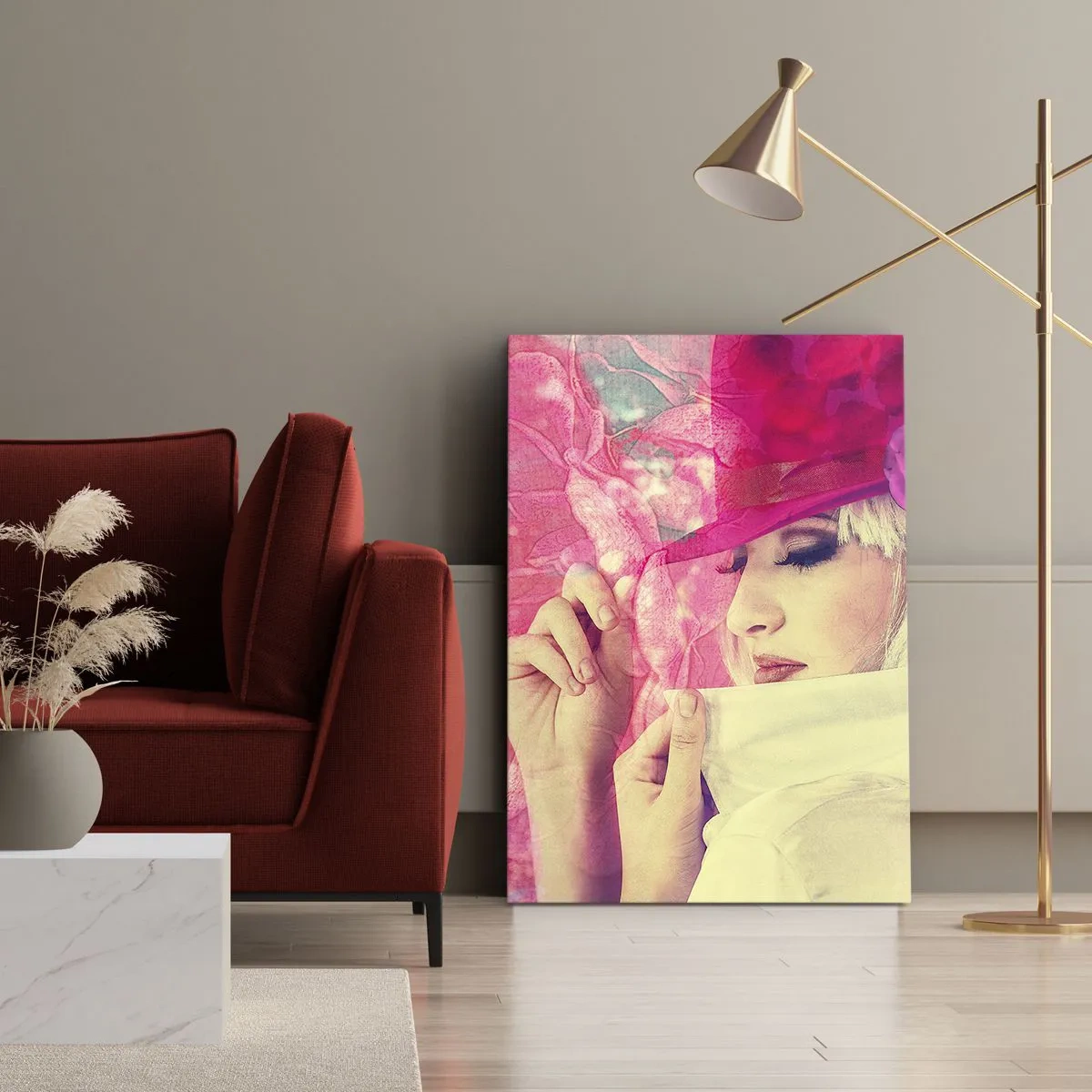 Quadro su tela - Stampe su Tela - Donna elegante con un cappello rosa con un fiore - 50x70cm - Ritratto retro nei vapori di rosa - Decorazione murale moderna per soggiorno e camera da letto ARTTOR