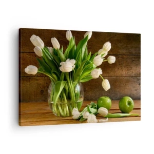 Quadro su tela - Stampe su Tela - Un bouquet di tulipani bianchi in un vaso di vetro con mele verdi - 70x50cm - Freschezza in verde e bianco - Decorazione murale moderna per soggiorno e camera da letto ARTTOR