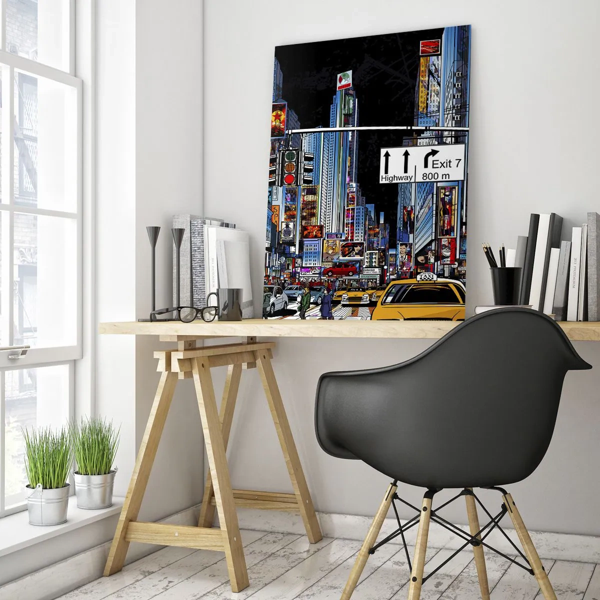 Quadro su vetro - Una strada trafficata con taxi gialli e insegne al neon - 50x70cm - La grande notte dei fumetti - Decorazione murale moderna per soggiorno e camera da letto ARTTOR