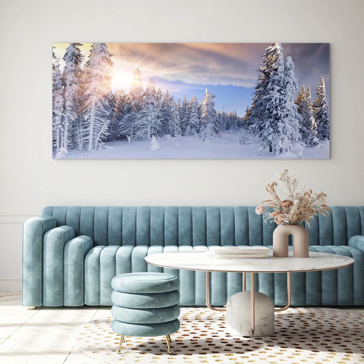 Quadro su vetro - Paesaggio invernale con foresta innevata al tramonto - 120x50cm - Spettacolo innevato della natura - Decorazione murale moderna per soggiorno e camera da letto ARTTOR