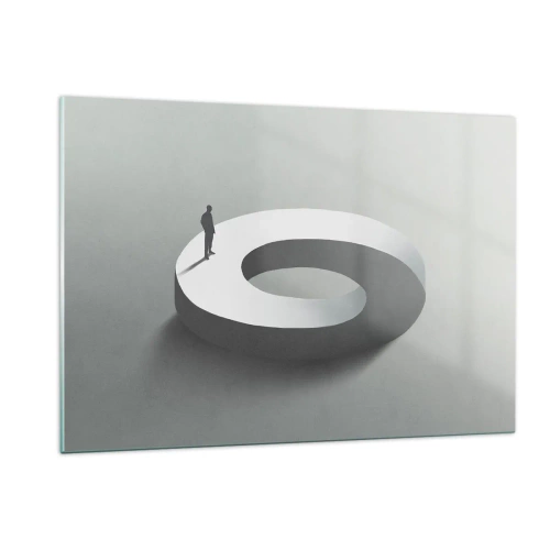 Quadro su vetro - Una silhouette minimalista di un uomo su un anello bianco - 120x80cm - Prova a cavartela - Decorazione murale moderna per soggiorno e camera da letto ARTTOR