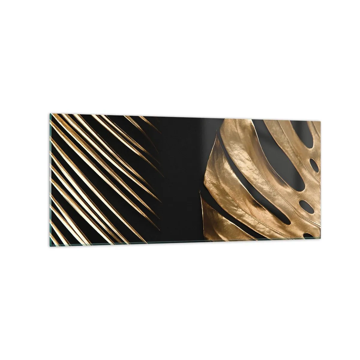 Quadro su vetro - Foglie dorate su sfondo nero - 120x50cm - Diverse, ma ugualmente care - Decorazione murale moderna per soggiorno e camera da letto ARTTOR