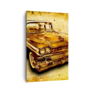 Quadro su tela - Stampe su Tela - Un'auto retrò classica dorata su uno sfondo vintage con effetto invecchiato. - 80x120cm - La bellezza eterna della classicità - Decorazione murale moderna per soggiorno e camera da letto ARTTOR