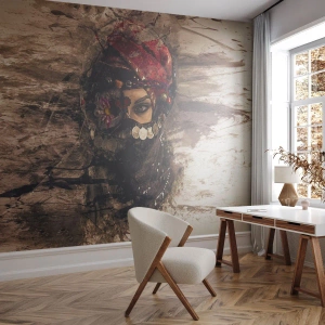 Fotomurali Premium Sand - Quantomeno inquietante - Astrazione, Volto di donna, Simboli orientali - 400x280 cm