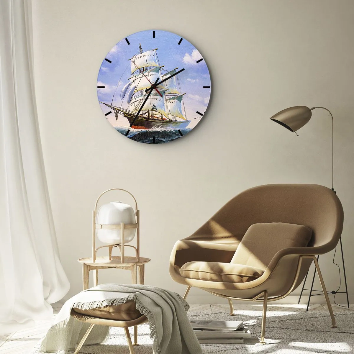 Orologio da parete - Orologio in Vetro - Barche a vela dipinte su un mare in tempesta sotto un cielo azzurro - 30x30cm - Con orgoglio nel vento - Decorazione murale moderna per soggiorno, cucina e camera da letto ARTTOR