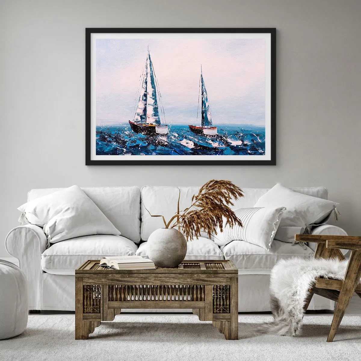 Poster in cornice nera - Barche a vela su un mare in tempesta in una composizione pittorica - 70x50cm - Fratellanza nel vento - Decorazione murale moderna per soggiorno e camera da letto ARTTOR
