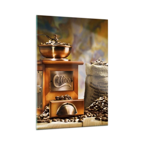 Quadro su vetro - Macinacaffè, chicchi e una tazza su un tavolo di legno - 50x70cm - Scricchiolio dei chicchi, tintinnio del macinino - Decorazione murale moderna per soggiorno e camera da letto ARTTOR