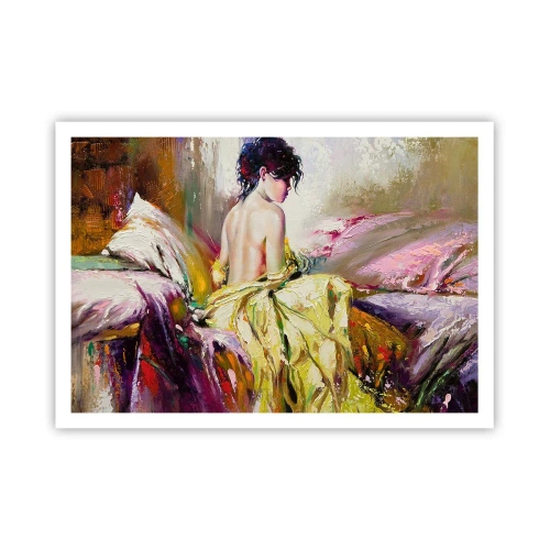 Poster - Una scena pittorica di una donna su un letto in un'atmosfera romantica - 100x70cm - Tra la bocca e il bordo della coppa - Decorazione murale moderna per soggiorno e camera da letto ARTTOR