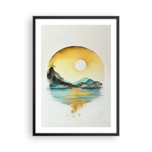 Poster in cornice nera - Un paesaggio minimalista di montagne sull'acqua dai colori dorati - 50x70cm - Nel cerchio della bellezza - Decorazione murale moderna per soggiorno e camera da letto ARTTOR