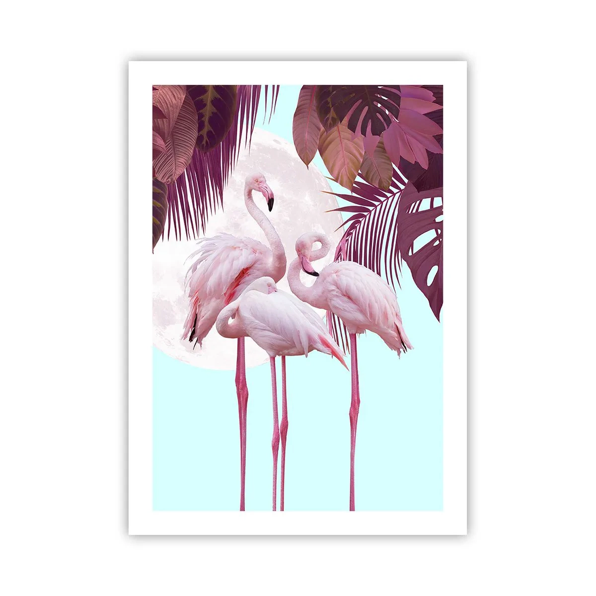 Poster - Fenicotteri su uno sfondo di fogliame tropicale e luna piena - 50x70cm - Tre grazie alate - Decorazione murale moderna per soggiorno e camera da letto ARTTOR