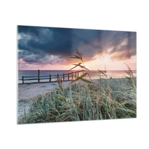 Quadro su vetro - La spiaggia al tramonto con vista sul molo, circondata dall'erba - 100x70cm - Non andrà via col vento - Decorazione murale moderna per soggiorno e camera da letto ARTTOR