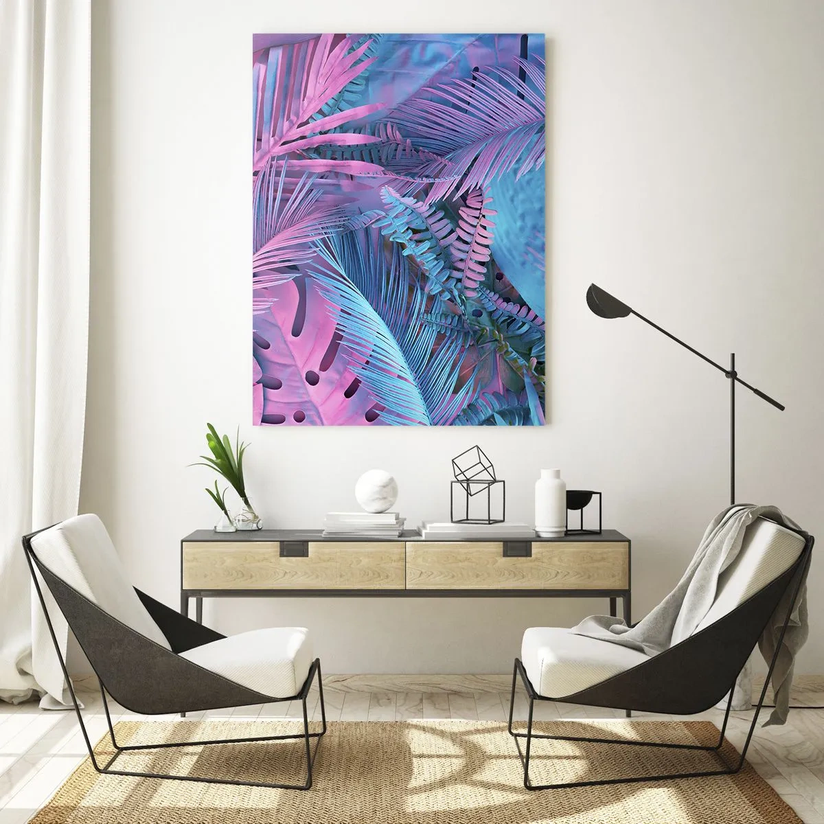 Quadro su vetro - Foglie tropicali nei toni del rosa e del blu su uno sfondo neon - 50x70cm - Tropici in rosa e blu - Decorazione murale moderna per soggiorno e camera da letto ARTTOR