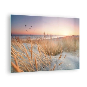 Quadro su vetro - Una spiaggia con l'erba e il sole che tramonta sul mare - 70x50cm - Ninna nanna baltica - Decorazione murale moderna per soggiorno e camera da letto ARTTOR