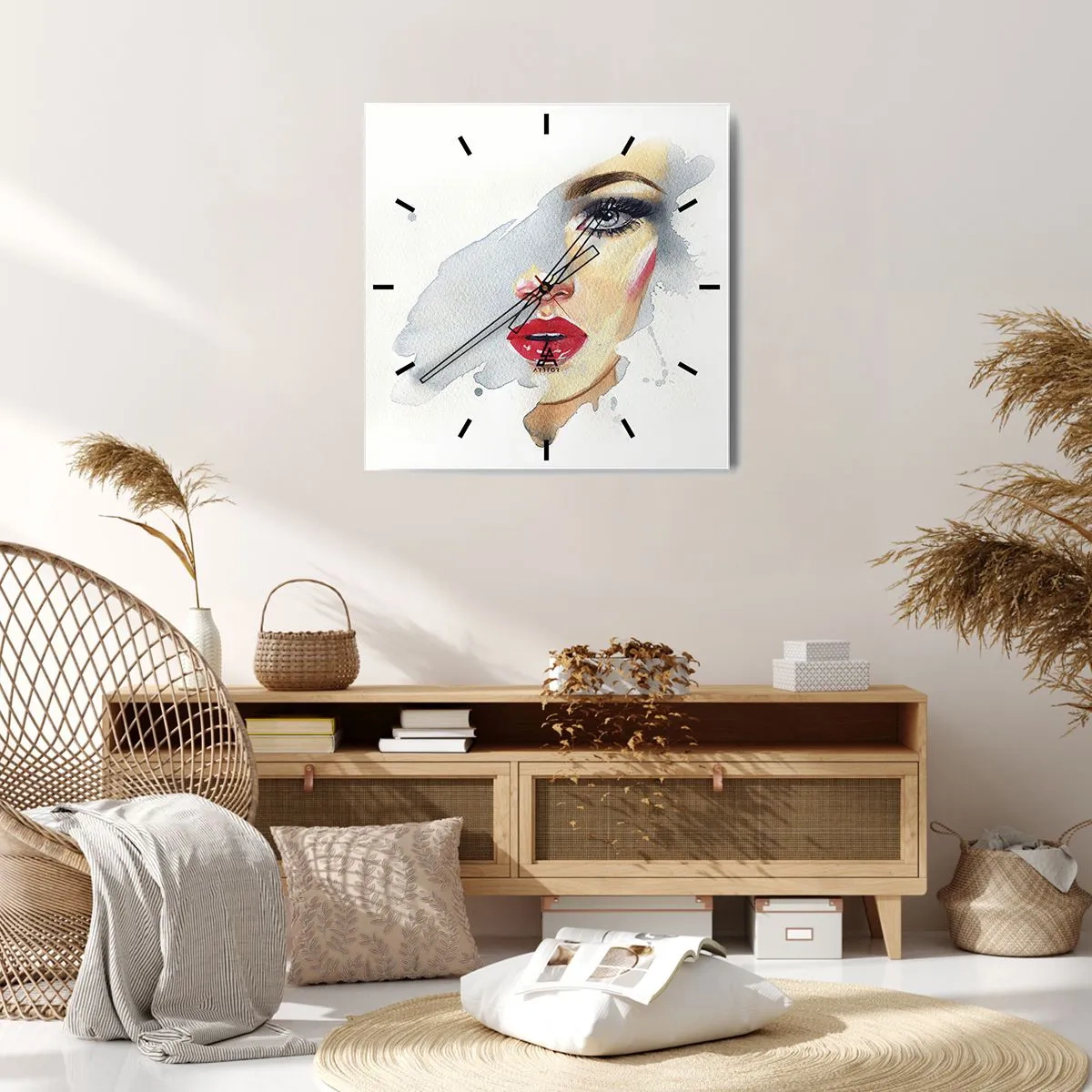 Orologio da parete - Orologio in Vetro - Ritratto ad acquerello di una donna dallo sguardo intenso. - 30x30cm - Riflesso in una goccia d'acqua - Decorazione murale moderna per soggiorno e camera da letto ARTTOR