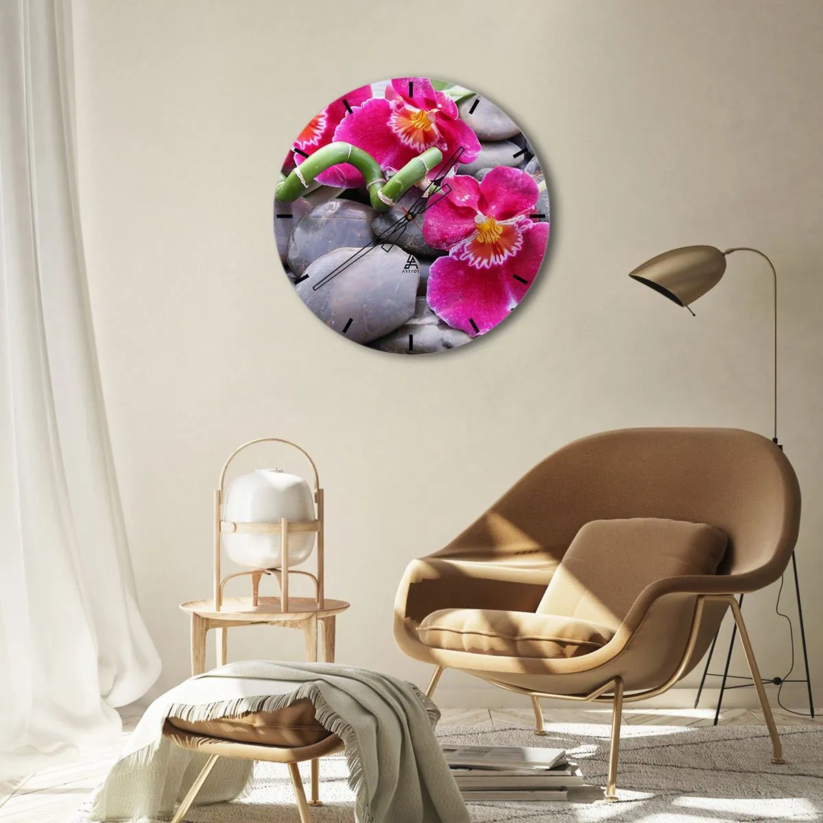 Orologio da parete - Orologio in Vetro - Orchidee rosa su pietre con bambù verde - 30x30cm - Fresco e calore - Decorazione murale moderna per soggiorno, cucina e camera da letto ARTTOR