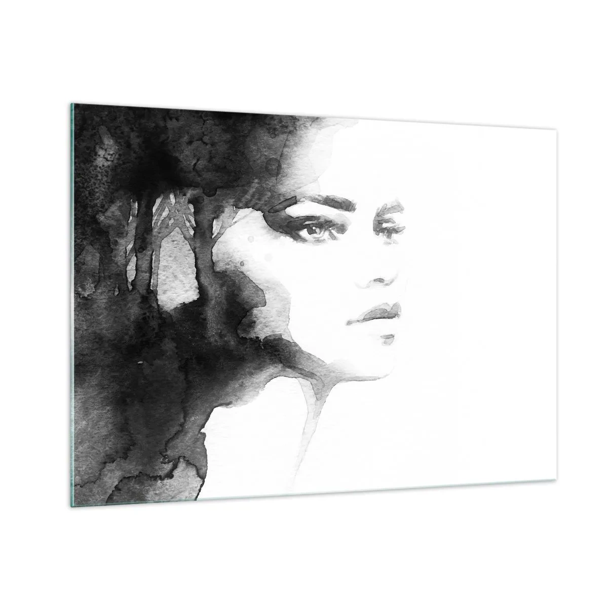 Quadro su vetro - Ritratto di donna ad acquerello in bianco e nero - 100x70cm - Fatta di mistero e di nebbia - Decorazione murale moderna per soggiorno e camera da letto ARTTOR