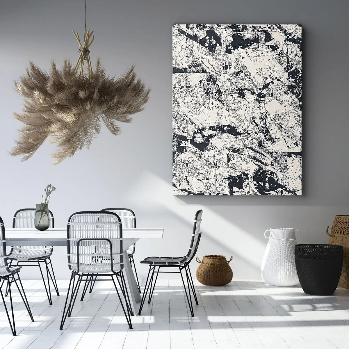 Quadro su tela - Stampe su Tela - Composizione astratta in bianco e nero con un layout dinamico - 50x70cm - La compenetrazione degli opposti - Decorazione murale moderna per soggiorno e camera da letto ARTTOR