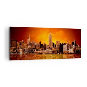 Quadro su tela - Stampe su Tela - Panorama della città al tramonto con gli edifici riflessi nell'acqua - 120x50cm - Panorama di grande città in giallo e marrone - Decorazione murale moderna per soggiorno e camera da letto ARTTOR