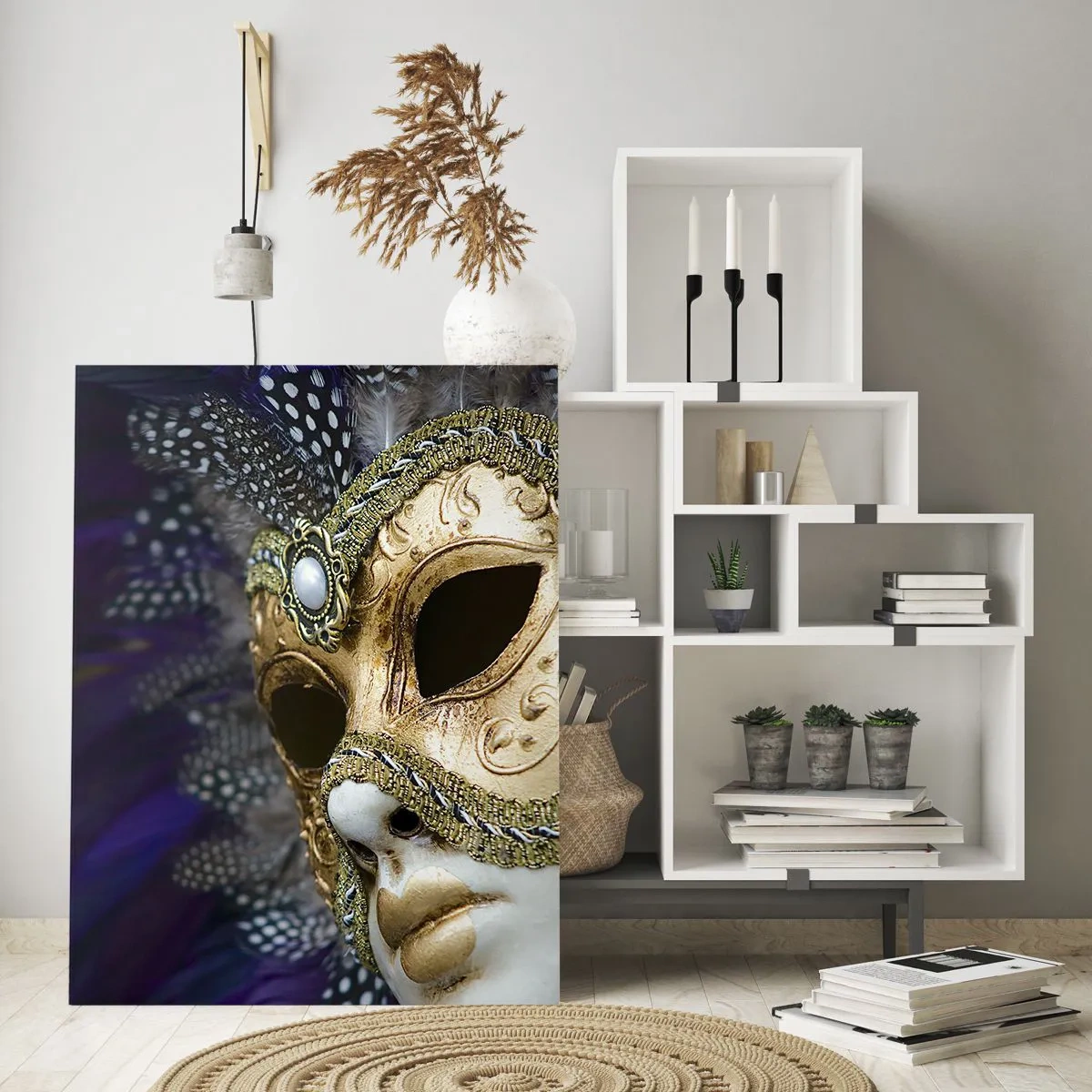 Quadro su vetro - Maschera veneziana dorata con piume decorative e ornamenti - 70x100cm - Ritratto di Venezia in oro - Decorazione murale moderna per soggiorno e camera da letto ARTTOR