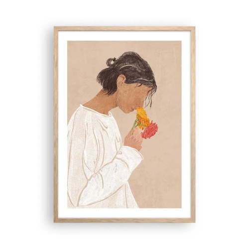 Poster in cornice rovere chiaro - Ragazza con i fiori - 50x70 cm