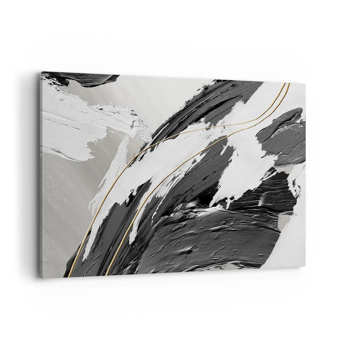 Quadro su tela - Stampe su Tela - Pennellate di vernice bianca e nera con un sottile accento dorato - 120x80cm - Astrazione con sfarzo - Decorazione murale moderna per soggiorno e camera da letto ARTTOR