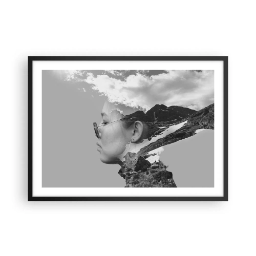 Poster in cornice nera - Una composizione in bianco e nero con la silhouette di una donna e un paesaggio montano. - 70x50cm - Ritratto montano nuvoloso - Decorazione murale moderna per soggiorno e camera da letto ARTTOR