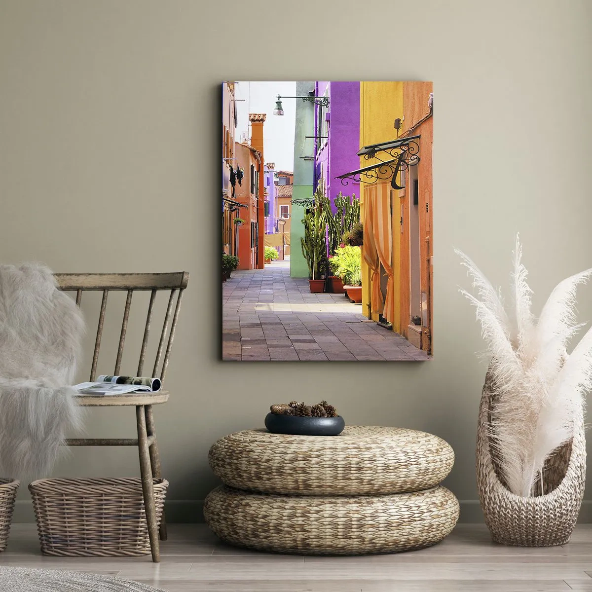 Quadro su tela - Stampe su Tela - Una strada colorata con case popolari in tonalità chiare - 50x70cm - Angolo multicolore - Decorazione murale moderna per soggiorno e camera da letto ARTTOR