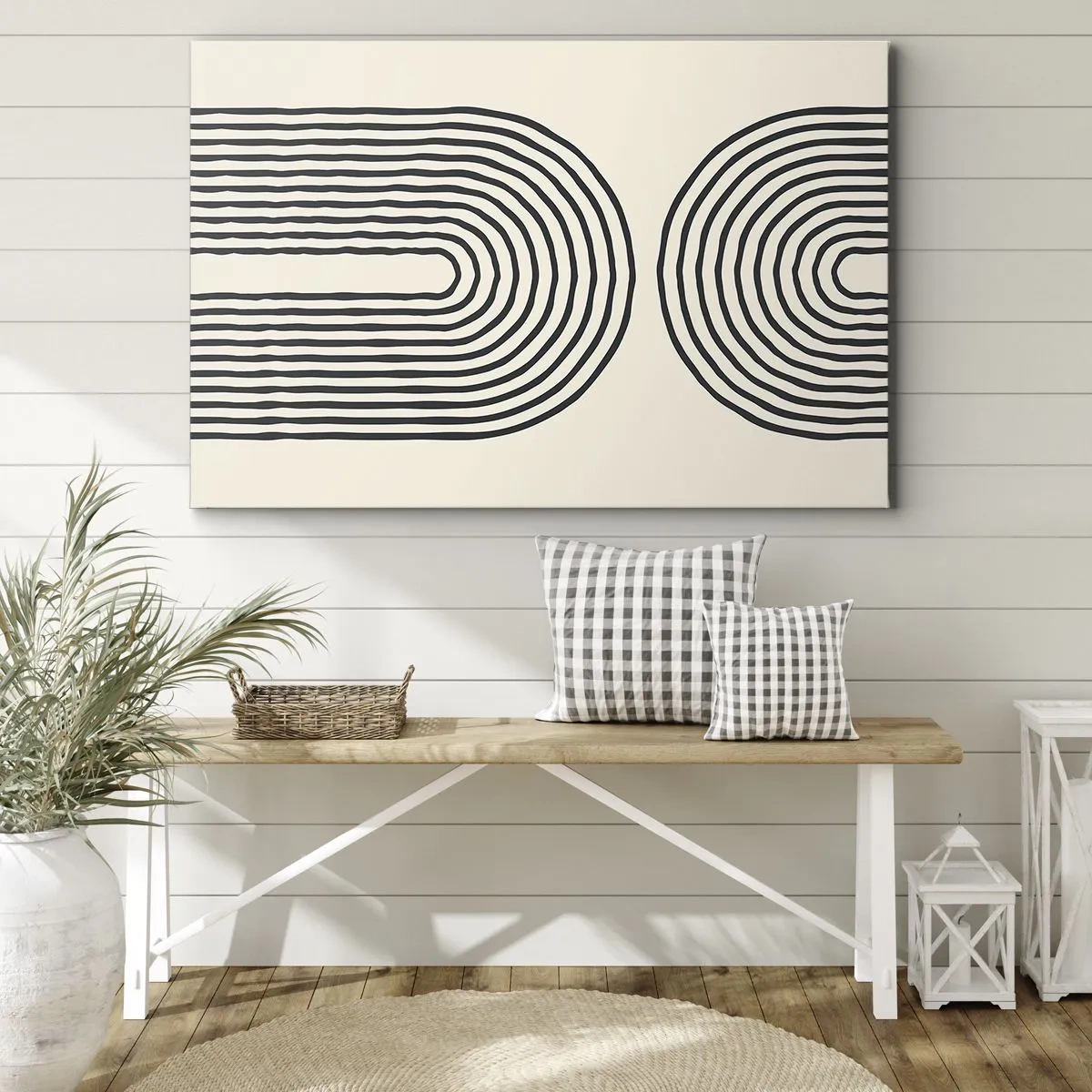 Quadro su tela - Stampe su Tela - Motivo geometrico astratto con linee simmetriche su sfondo chiaro - 120x80cm - Tra un attimo... - Decorazione murale moderna per soggiorno e camera da letto ARTTOR