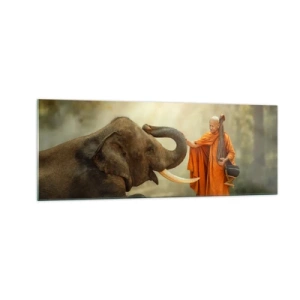 Quadro su vetro - Un monaco e un elefante in armonia sullo sfondo della natura - 140x50cm - Incontro nel viaggio - Decorazione murale moderna per soggiorno e camera da letto ARTTOR
