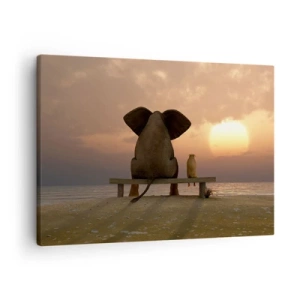 Quadro su tela - Stampe su Tela - Un elefante e un cane sono seduti su una panchina sulla spiaggia durante il tramonto. - 70x50cm - A volte bisogna tacere - Decorazione murale moderna per soggiorno e camera da letto ARTTOR