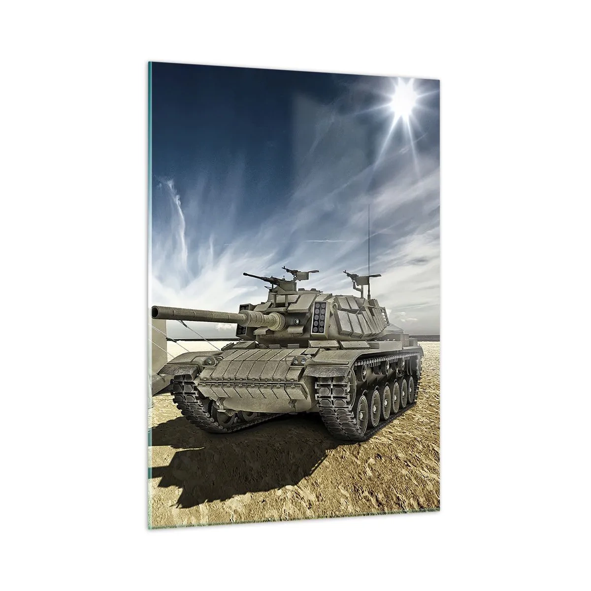 Quadro su vetro - Un carro armato e una tenda sullo sfondo del deserto sotto un cielo azzurro - 50x70cm - Sogno militare - Decorazione murale moderna per soggiorno e camera da letto ARTTOR