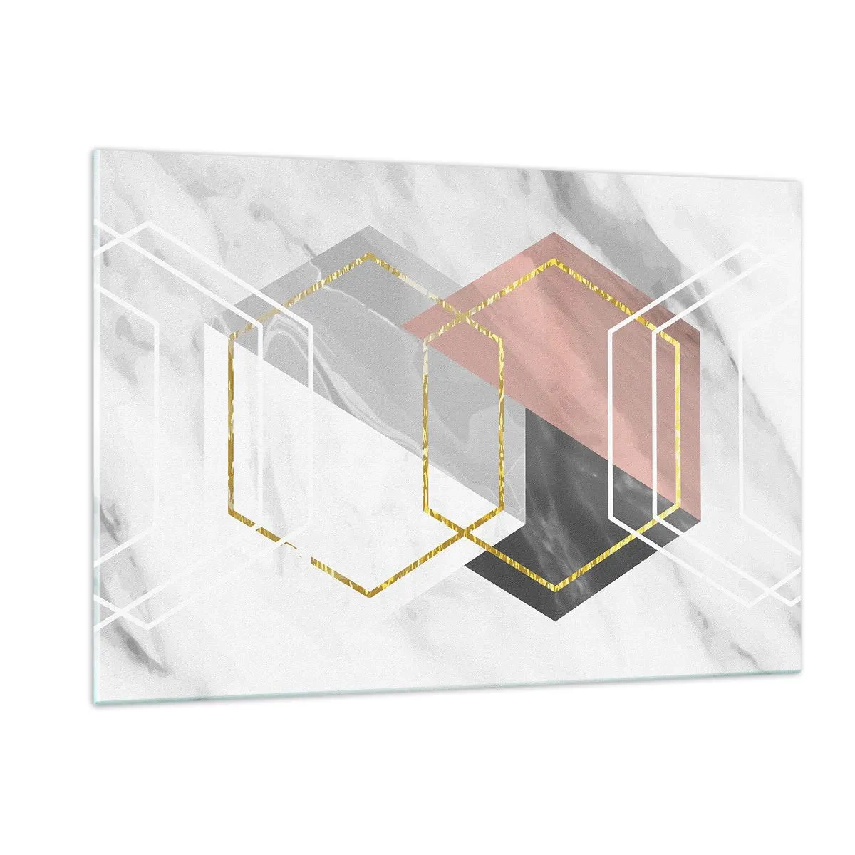 Quadro su vetro - Forme geometriche dorate su uno sfondo di marmo - 120x80cm - Composizione a catena - Decorazione murale moderna per soggiorno e camera da letto ARTTOR