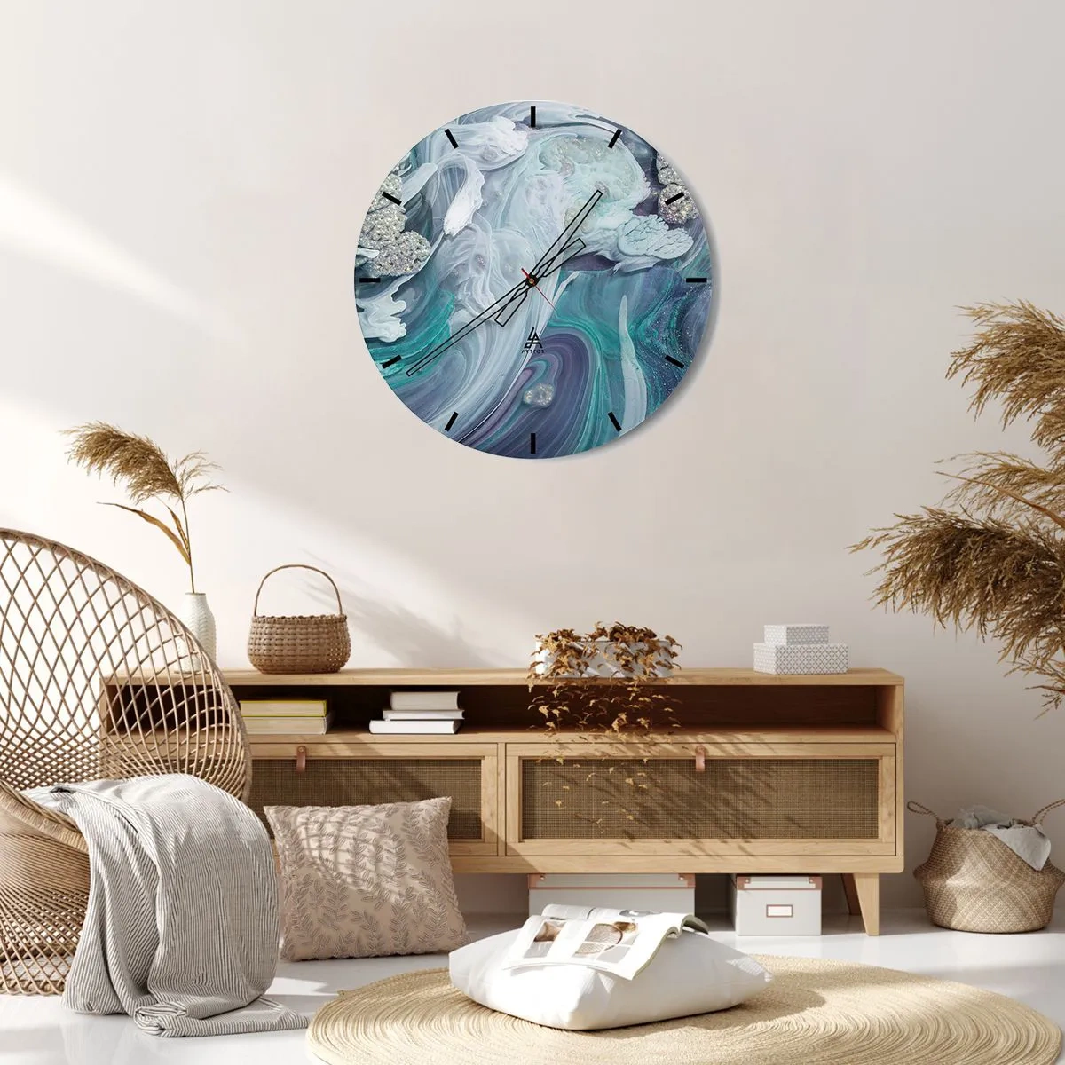 Orologio da parete - Orologio in Vetro - Una composizione astratta nei toni del blu e del turchese con glitter. - 30x30cm - Correnti di blu - Decorazione murale moderna per soggiorno, cucina e camera da letto ARTTOR