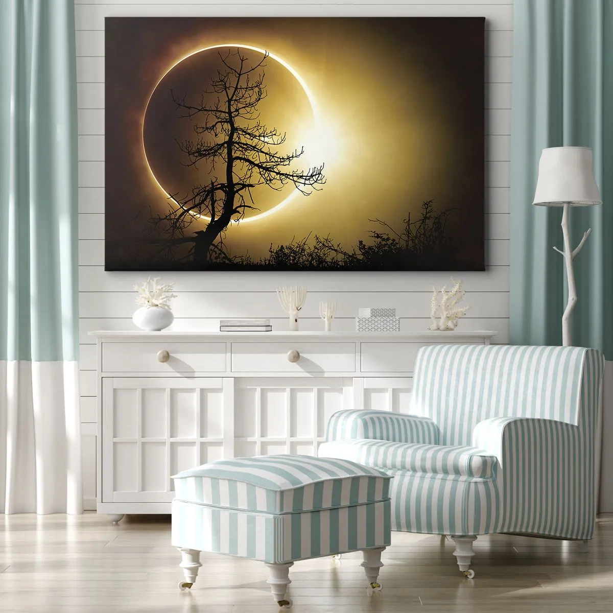 Quadro su tela - Stampe su Tela - Eclissi solare con la sagoma di un albero in primo piano - 100x70cm - Eclissi totale - Decorazione murale moderna per soggiorno e camera da letto ARTTOR