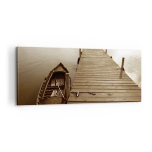 Quadro su tela - Stampe su Tela - Molo di legno e barca su un lago calmo - 120x50cm - La grande pace - Decorazione murale moderna per soggiorno e camera da letto ARTTOR