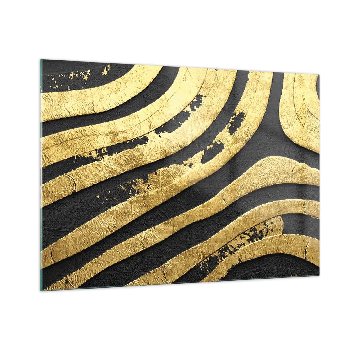 Quadro su vetro - Linee astratte dorate su sfondo nero in uno stile glamour - 100x70cm - Tutto scorre - Decorazione murale moderna per soggiorno e camera da letto ARTTOR