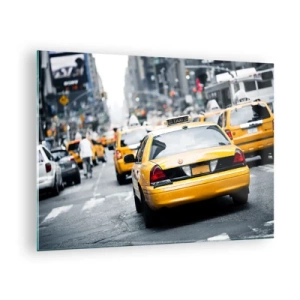 Quadro su vetro - Taxi gialli per le strade di New York nel trambusto della città - 70x50cm - Solamente in questa città - Decorazione murale moderna per soggiorno e camera da letto ARTTOR