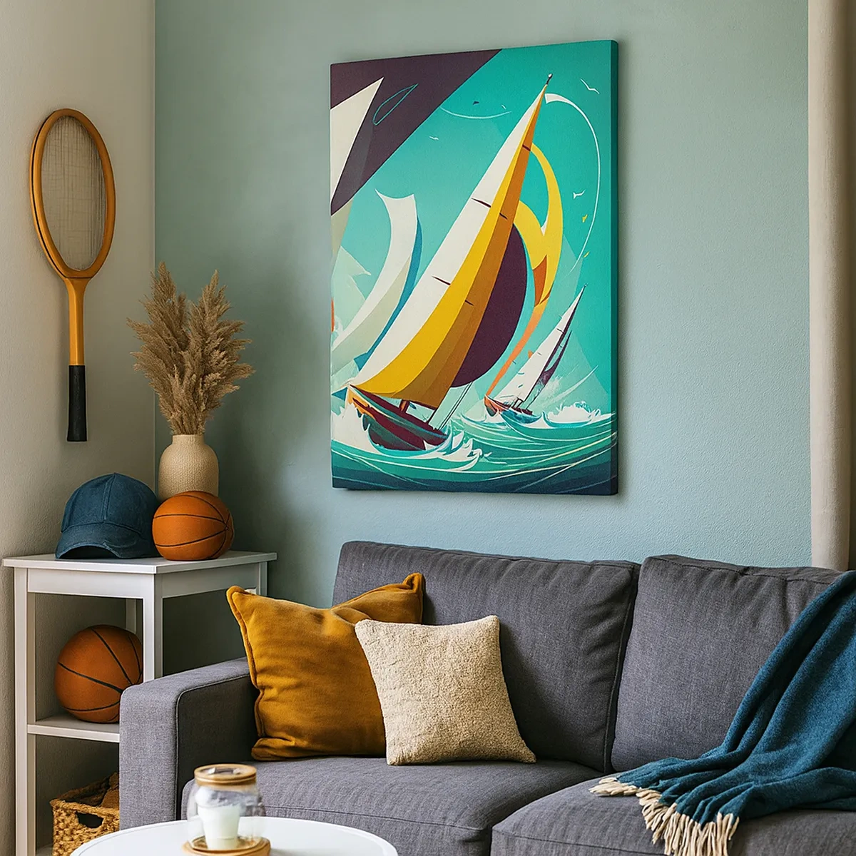 Quadro su tela - Stampe su Tela - Un'illustrazione dinamica di barche a vela in un mare in tempesta. - 50x70cm - Compagne degli elementi - Decorazione murale moderna per soggiorno e camera da letto ARTTOR