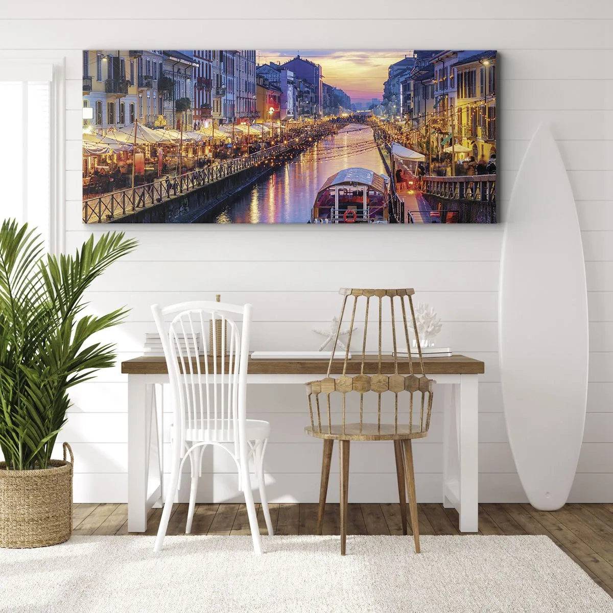 Quadro su tela - Stampe su Tela - Un canale illuminato circondato da edifici colorati - 120x50cm - Sera di luce e di divertimento - Decorazione murale moderna per soggiorno e camera da letto ARTTOR