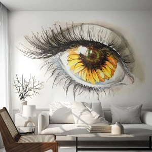 Fotomurali Standard Eco - Occhio con motivo di girasole in stile artistico - 100x70cm - Uno sguardo caldo come l'estate - Decorazione murale moderna per soggiorno e camera da letto ARTTOR