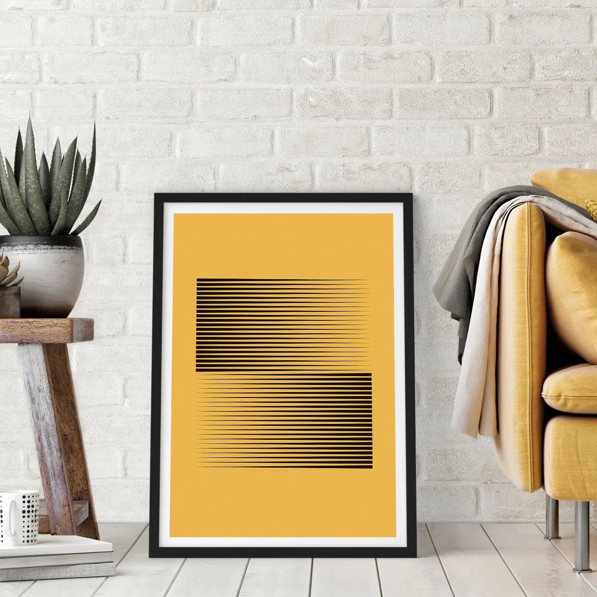 Poster in cornice nera - Una composizione minimalista di linee su uno sfondo color senape. - 50x70cm - La quadratura degli opposti - Decorazione murale moderna per soggiorno e camera da letto ARTTOR
