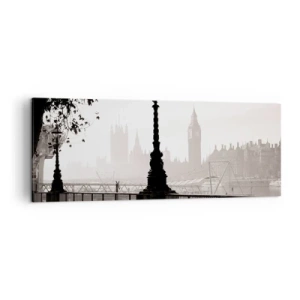 Quadro su tela - Stampe su Tela - Una vista monocromatica del Big Ben e del Tamigi. - 140x50cm - Un mattino a Londra - Decorazione murale moderna per soggiorno e camera da letto ARTTOR