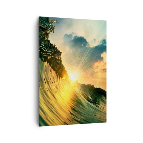 Quadro su tela - Stampe su Tela - Un'onda con il sole al tramonto e le nuvole illuminate - 70x100cm - Surfista, dove sei? - Decorazione murale moderna per soggiorno e camera da letto ARTTOR