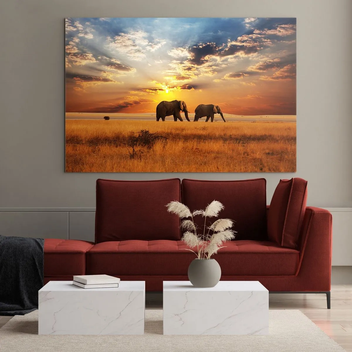 Quadro su vetro - Elefanti nella savana africana al tramonto - 100x70cm - Passeggiata familiare - Decorazione murale moderna per soggiorno e camera da letto ARTTOR