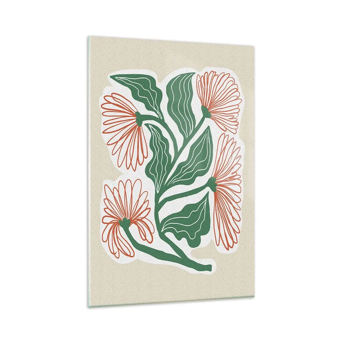 Quadro su vetro - Un disegno di fiori in stile minimalista con foglie verdi - 80x120cm - Folklore e modernità - Decorazione murale moderna per soggiorno e camera da letto ARTTOR