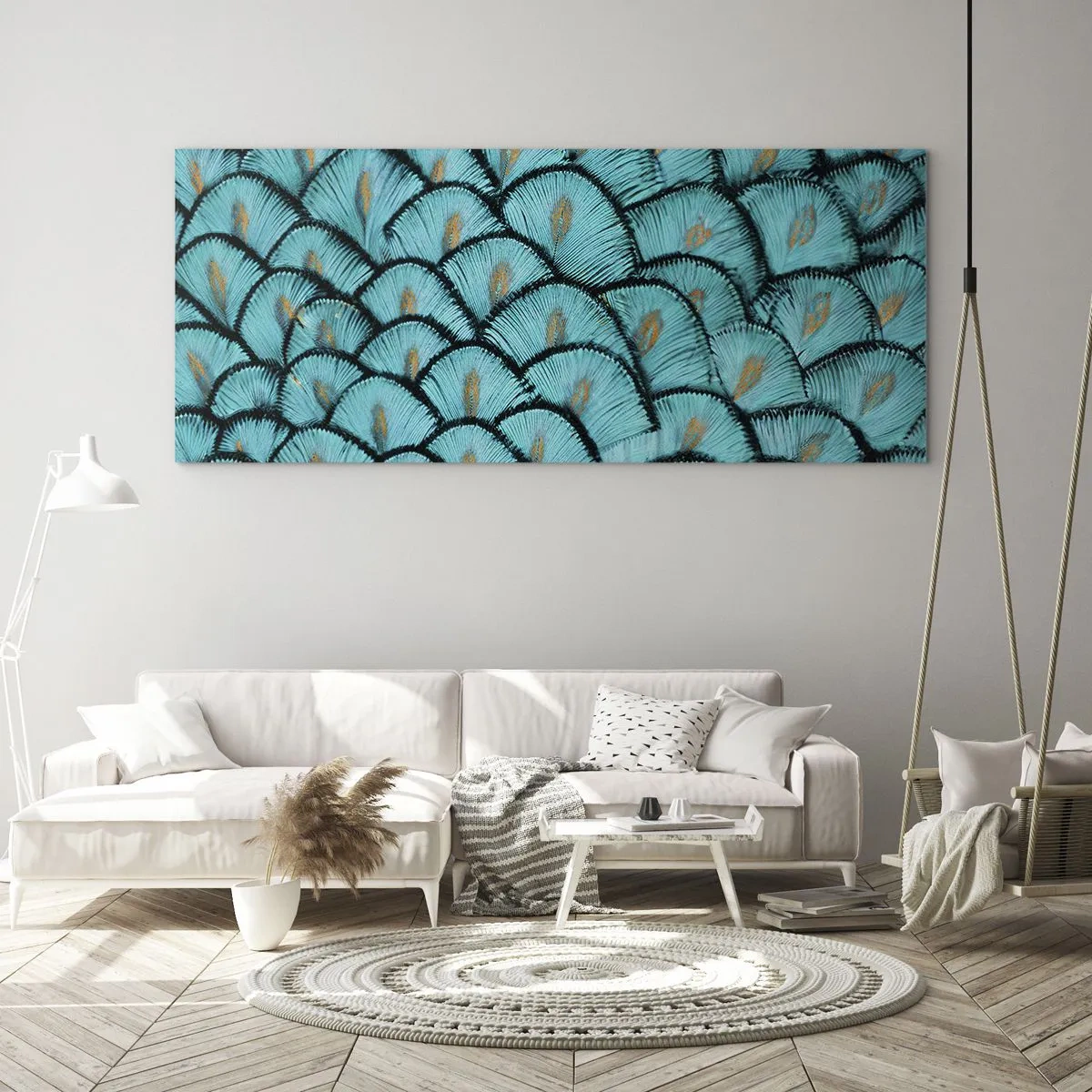 Quadro su vetro - Un motivo che ricorda le squame turchesi con accenti dorati - 140x50cm - La grande festa delle piume - Decorazione murale moderna per soggiorno e camera da letto ARTTOR